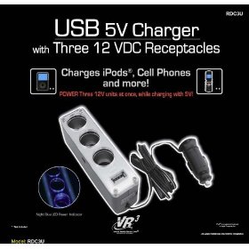 Show details of NEW VR3 USB CAR CHARGER POWER PORT 3 OUTLETS FITS IPOD.