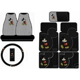 Show details of Mickey Mouse Vintage 8PC Combo Front Rear Car Floor Mats Seat Covers Steering Wheel Cover CD Organizer Plus Bonus Matching Key Chain.