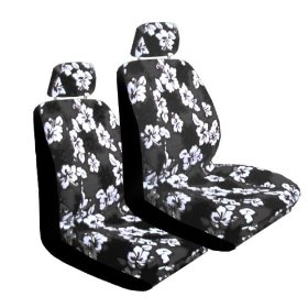 Show details of Set of 2 Universal Fit Hawaiian Low Back Front Bucket Seat Cover With Separate Headrest Cover for Seats - Charcoal Hawaii Hibiscus Floral Print.